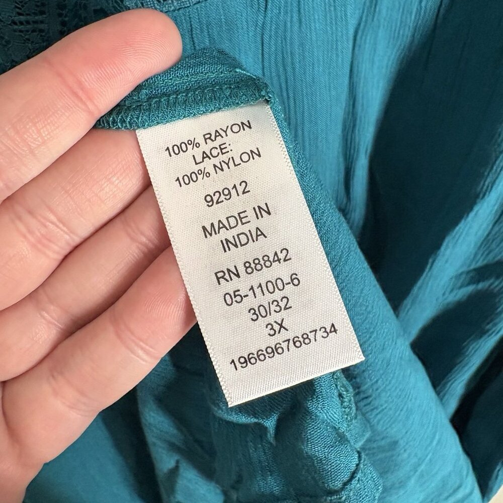 Roaman’s Women 3X 30/32 Teal Boho Ruffle Tiered Lace Crinkle Maxi Dress NWT - Picture 10 of 12